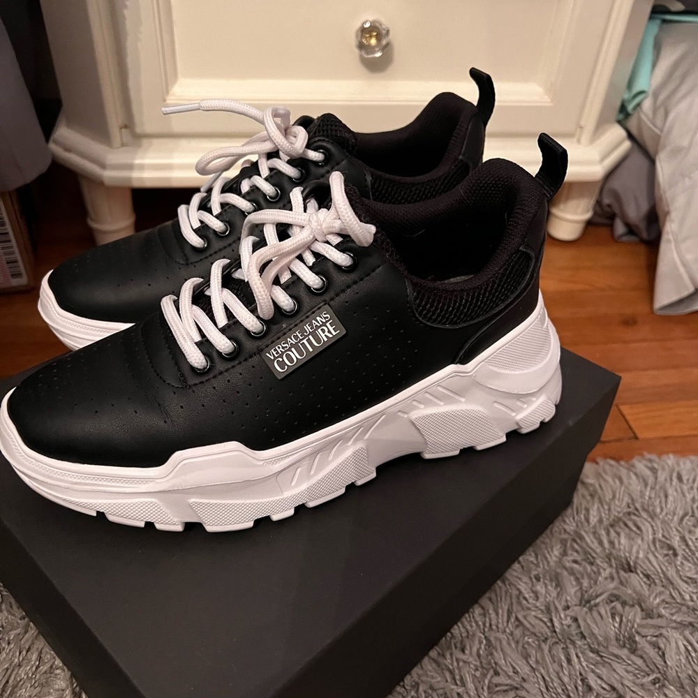 Black and white Versace jeans platform sneakers